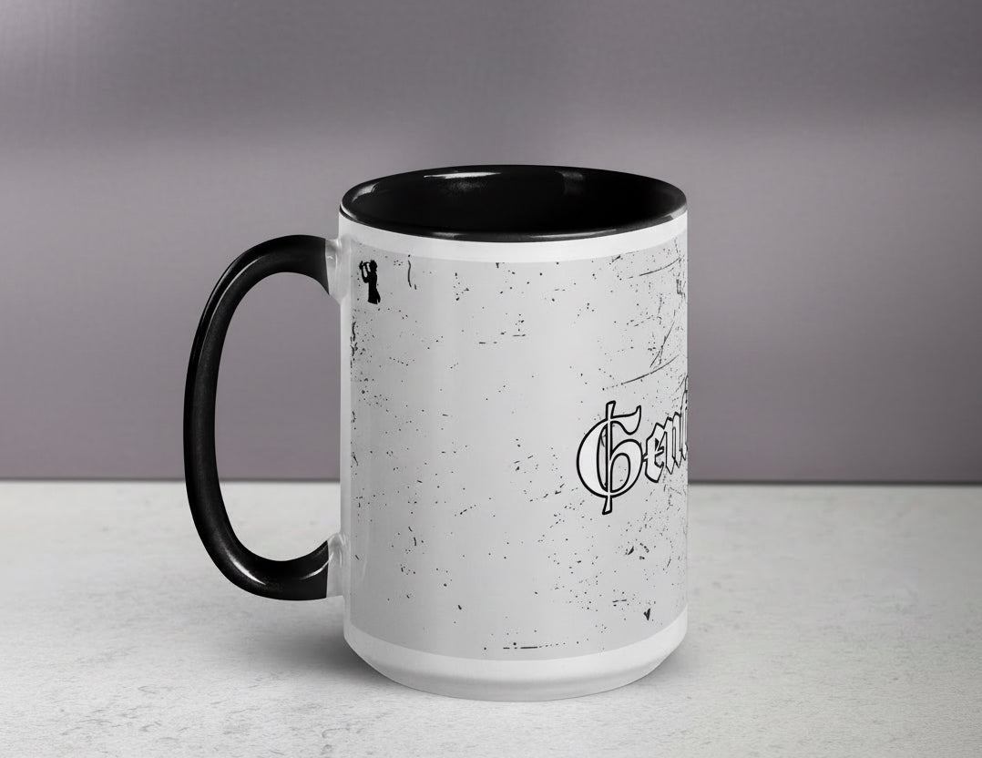 White mug with black interior and handle, featuring a logo on a gray background